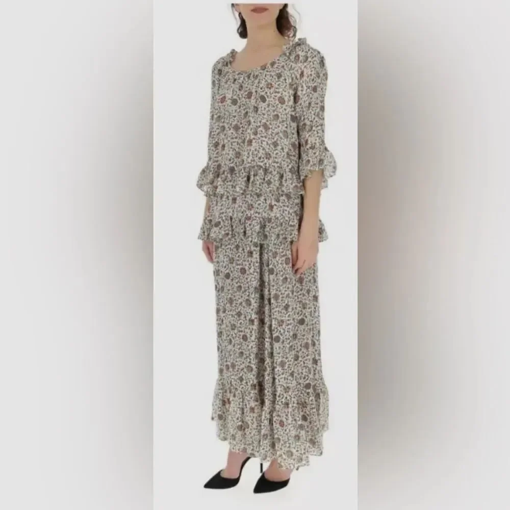 TORY BURCH Ivory Paisley Printed Ruffle Maxi Long Silk Dress 3/4 Sleeves NWOT